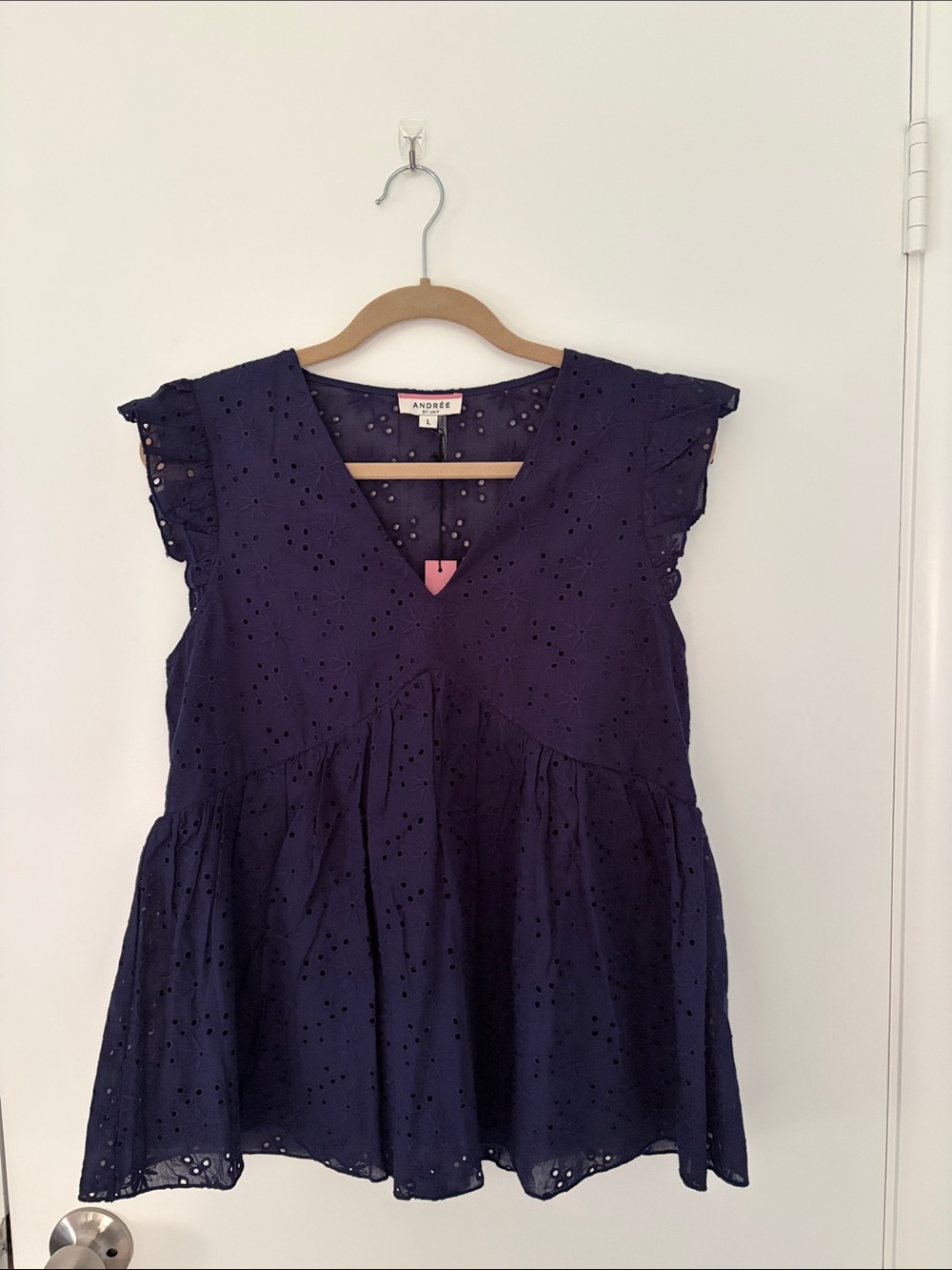 Andree Navy Eyelet V-Neck Flutter Sleeve Dress